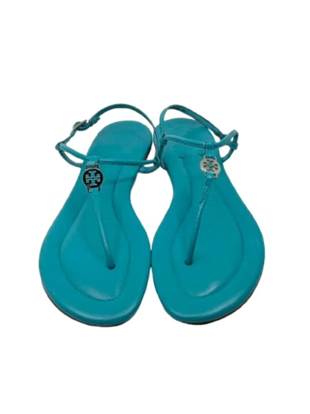TORY BURCH~Emmy~TURQUOISE BLUE LEATHER GOLD LOGO T-STRAP SANDALS Size 9.5